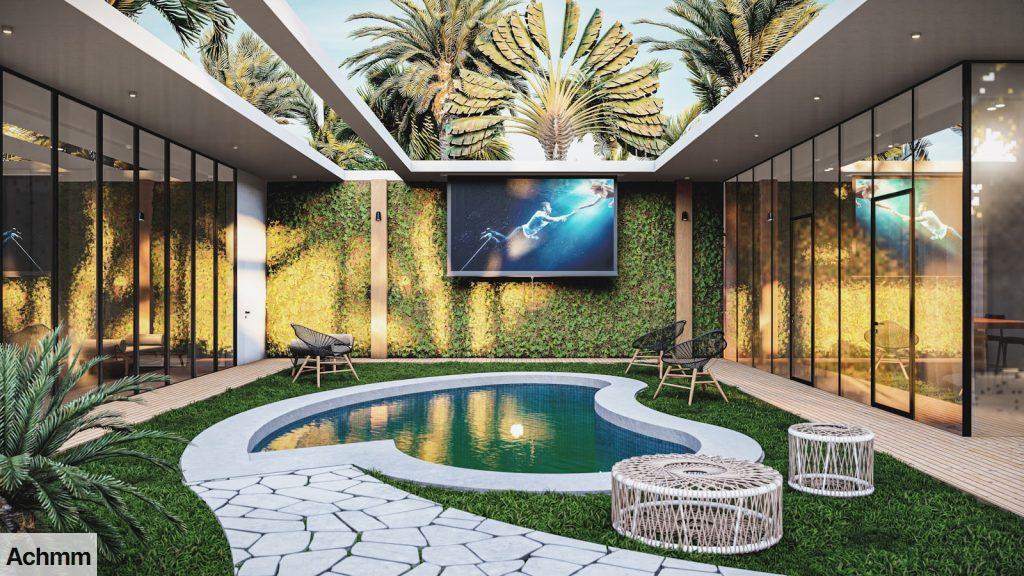 a backyard with a pool and a television