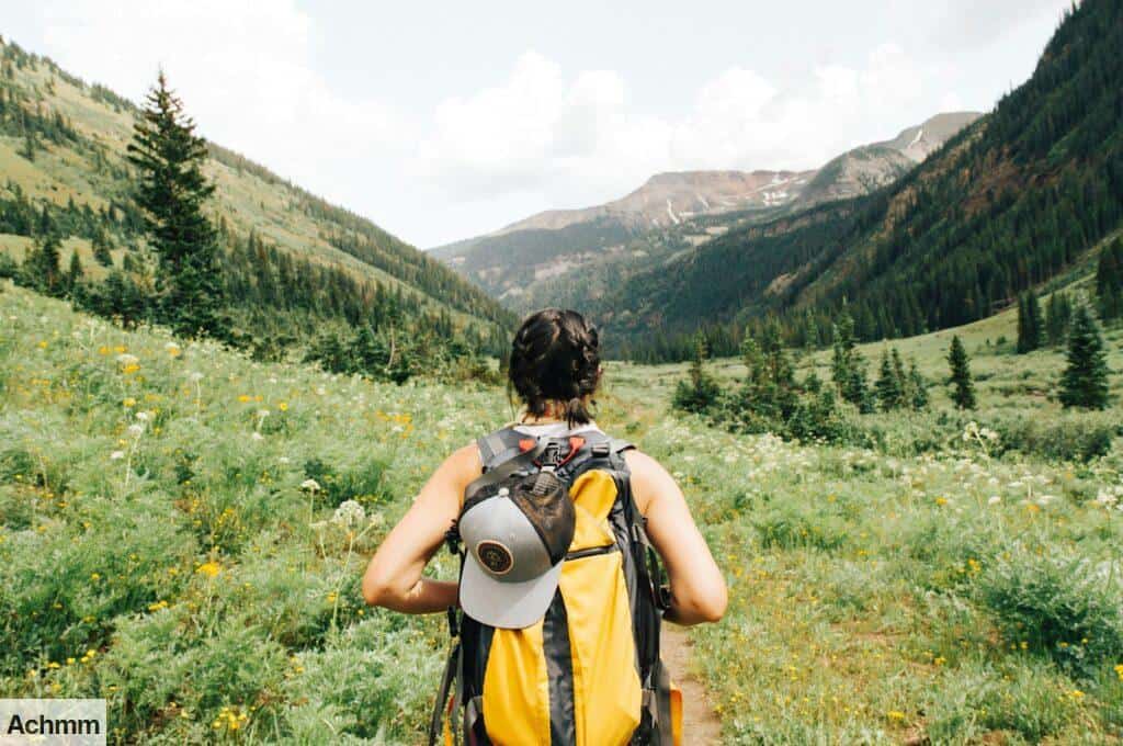person carrying yellow and black backpack walking between green plants